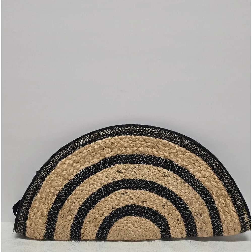 Shiraleah Vesta Half Moon Taco Jute Striped Boho Clutch Tan Black NWT